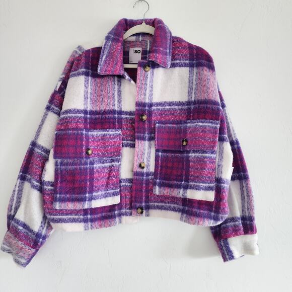 SO Jackets & Blazers - SO Purple White & Pink Flannel Shacket Lapel Collar Button Down Jacket Large